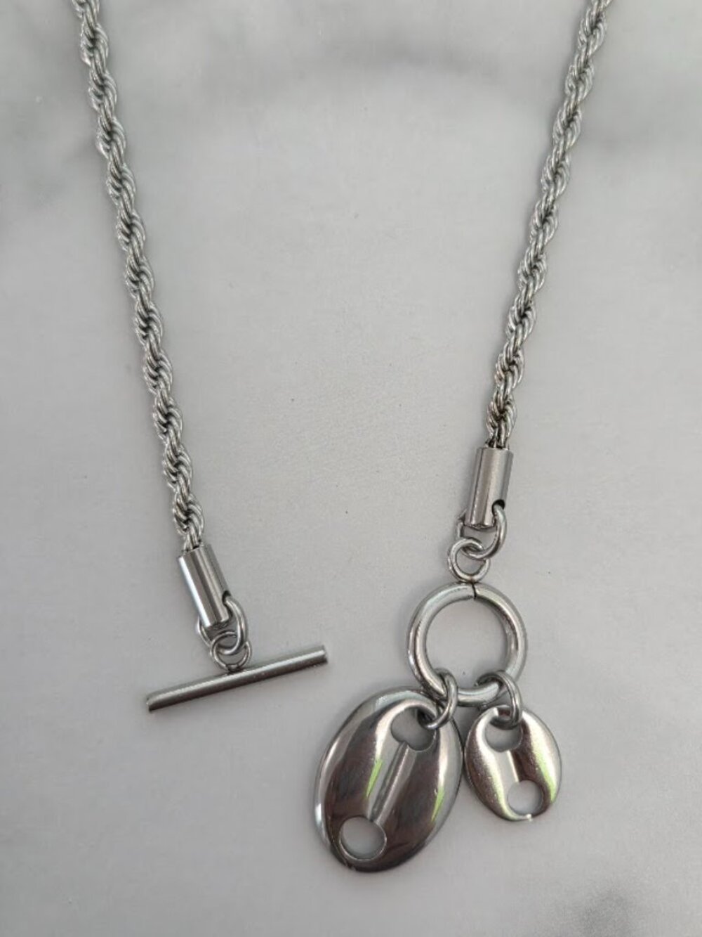 Stainless Steel Coffee Bean Charm T-Bar Necklace Minimalist Dainty Silver Chain - Picture 4 of 12